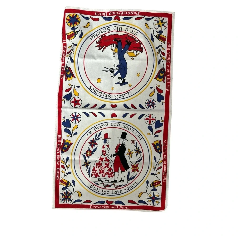 2 Hand Prints Linen Tea Towels Pennsylvania Dutch Amish Vintage 16